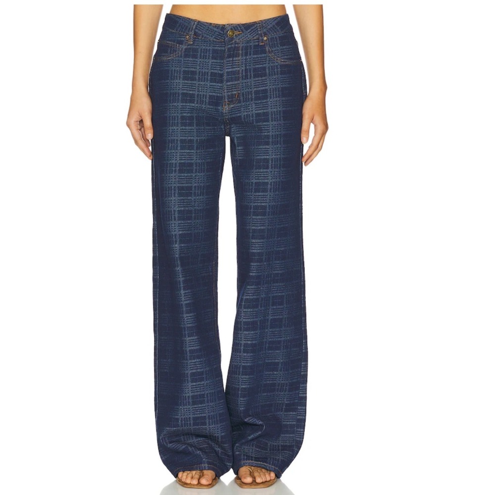 Lioness Top Model Jeans Indigo Plaid Wide‎ Leg High Waisted Denim Pants Small